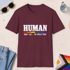 Maroon color all-gender graphic t-shirt with "Human" design