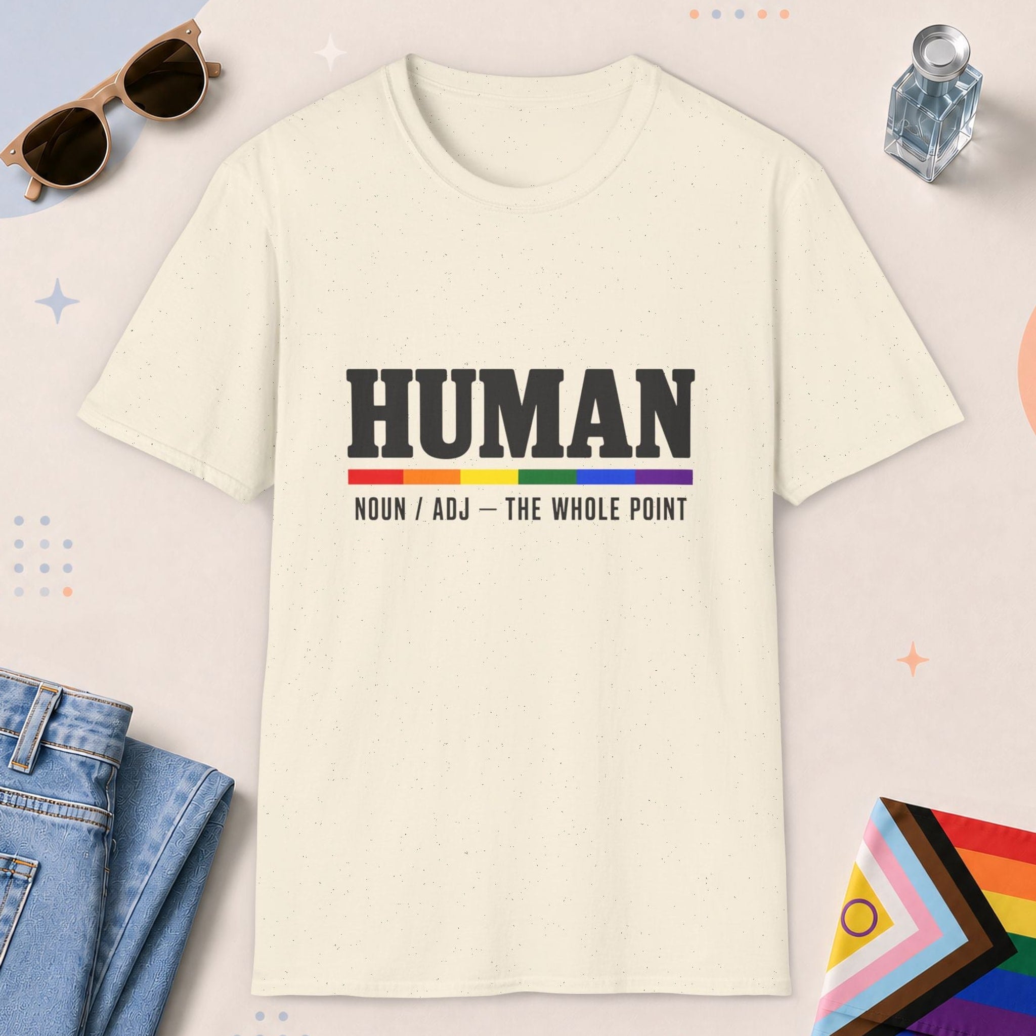 Natural color all-gender graphic t-shirt with "Human" design