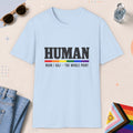 Light Blue color all-gender graphic t-shirt with "Human" design