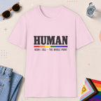 Light Pink color all-gender graphic t-shirt with "Human" design
