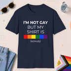 Navy color all-gender graphic t-shirt with "I'm Not Gay" design