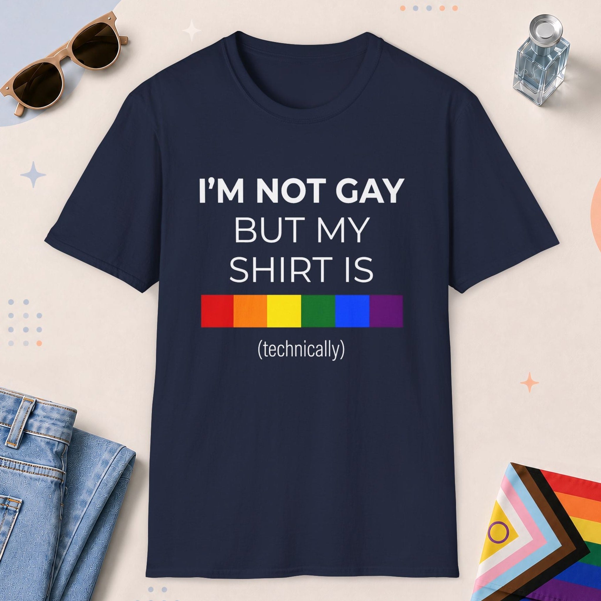 Navy color all-gender graphic t-shirt with "I'm Not Gay" design