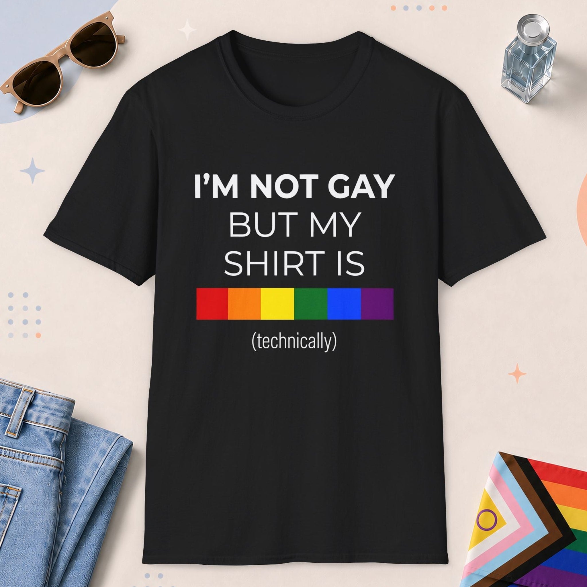 Black color all-gender graphic t-shirt with "I'm Not Gay" design