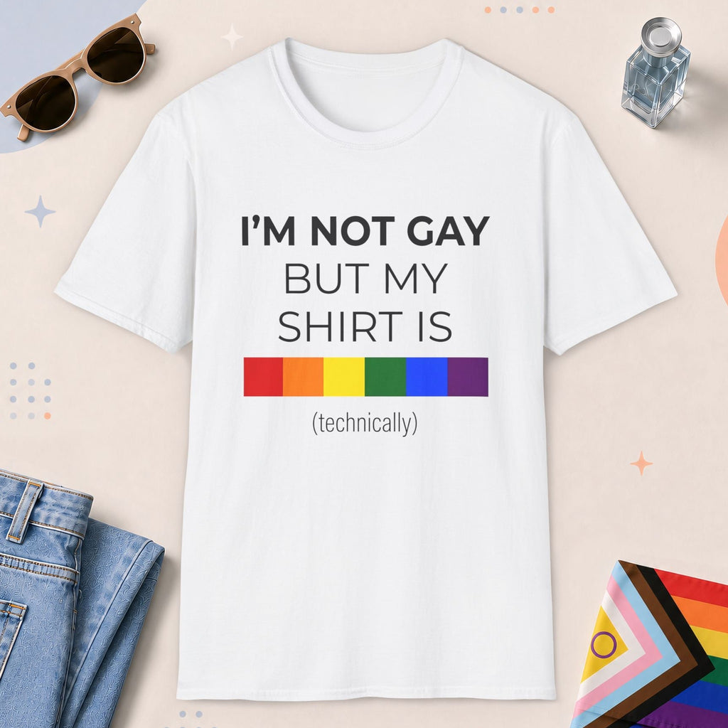 White color all-gender graphic t-shirt with "I'm Not Gay" design