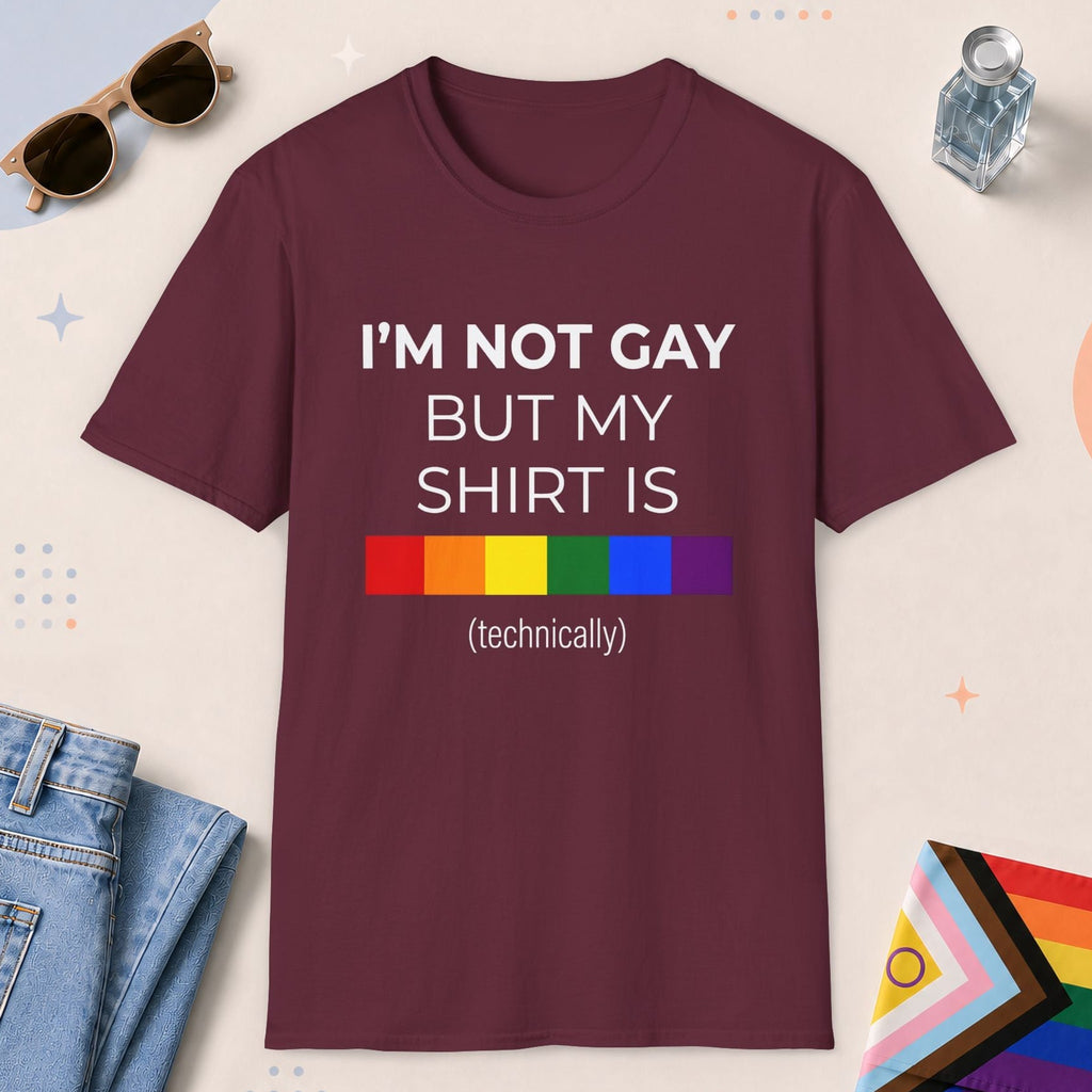 Maroon color all-gender graphic t-shirt with "I'm Not Gay" design