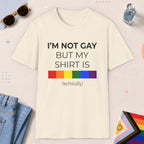 Natural color all-gender graphic t-shirt with "I'm Not Gay" design