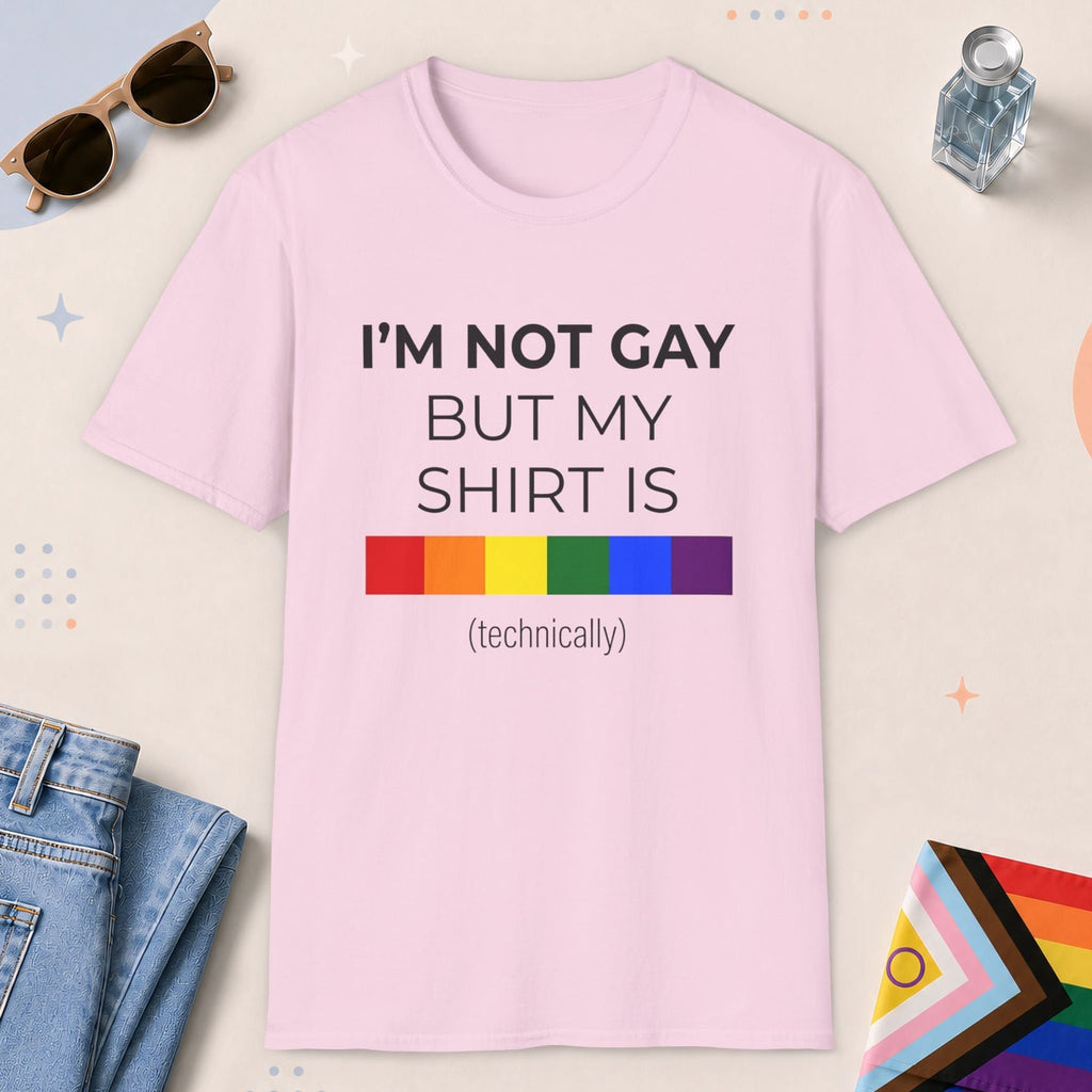 Light Pink color all-gender graphic t-shirt with "I'm Not Gay" design