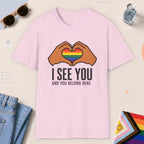 Light Pink color all-gender graphic t-shirt with "I See You" design