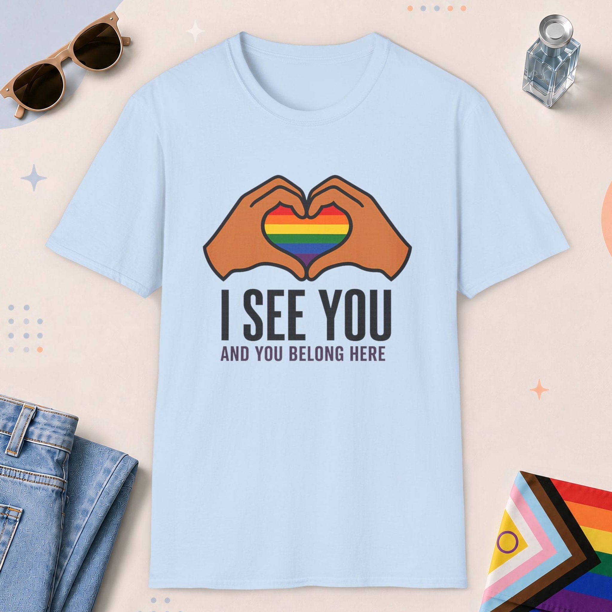 Light Blue color all-gender graphic t-shirt with "I See You" design