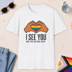 White color all-gender graphic t-shirt with "I See You" design