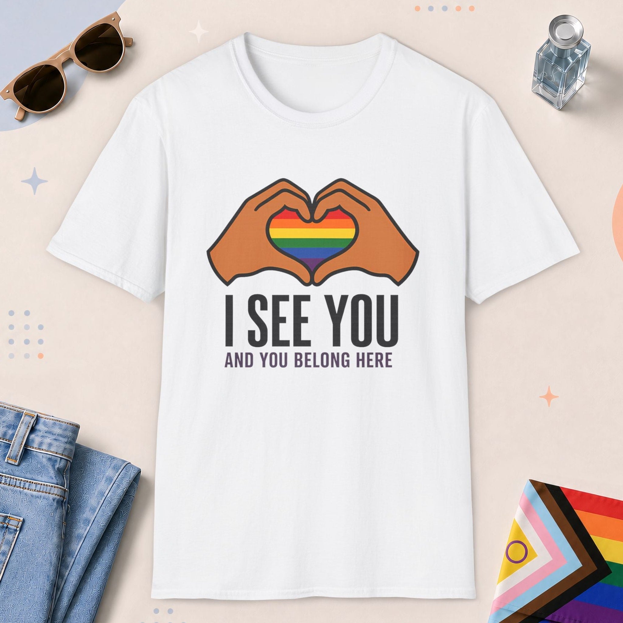 White color all-gender graphic t-shirt with "I See You" design