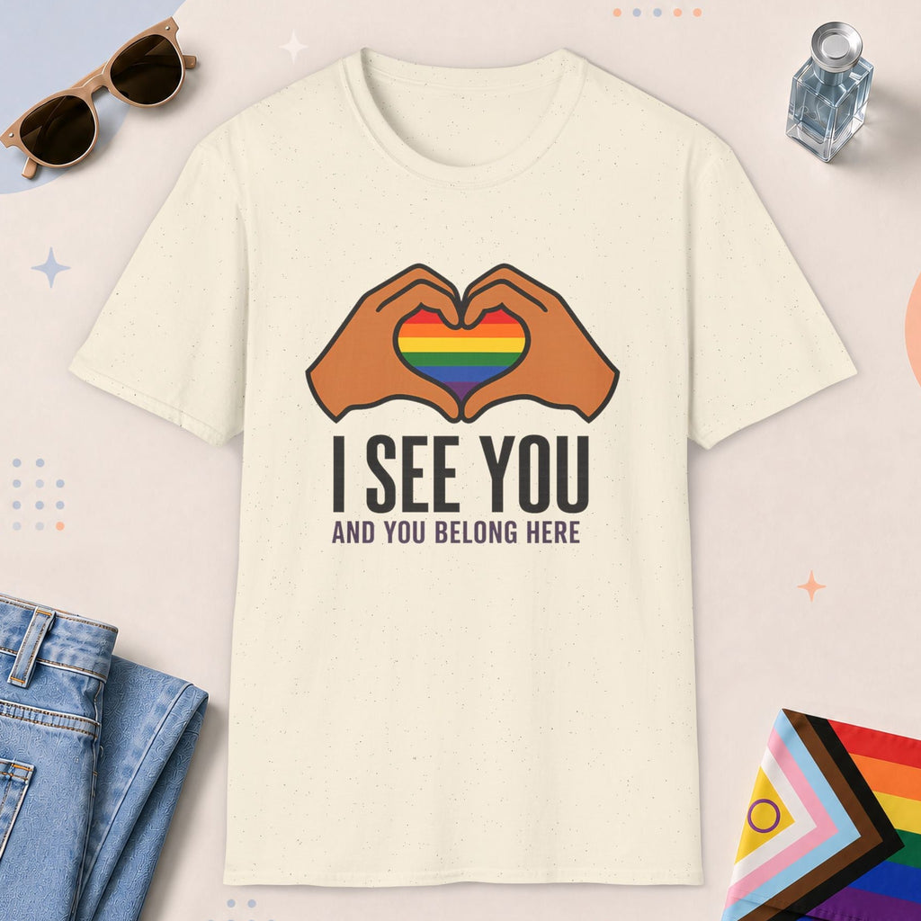 Natural color all-gender graphic t-shirt with "I See You" design