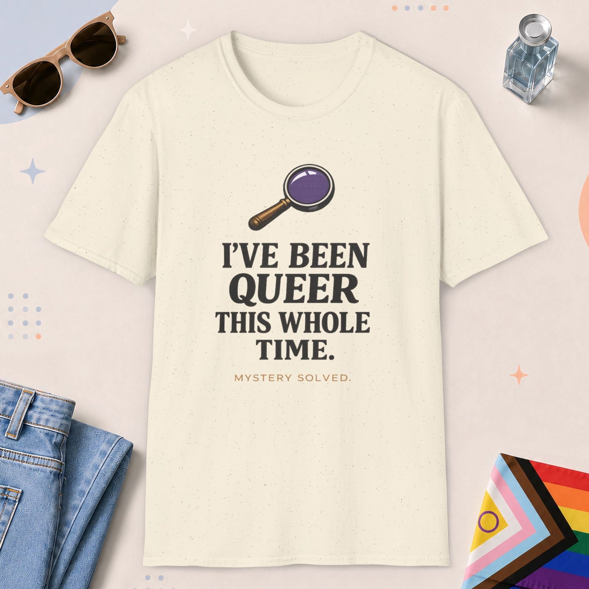 Natural color all-gender graphic t-shirt with "I've Been Queer" design