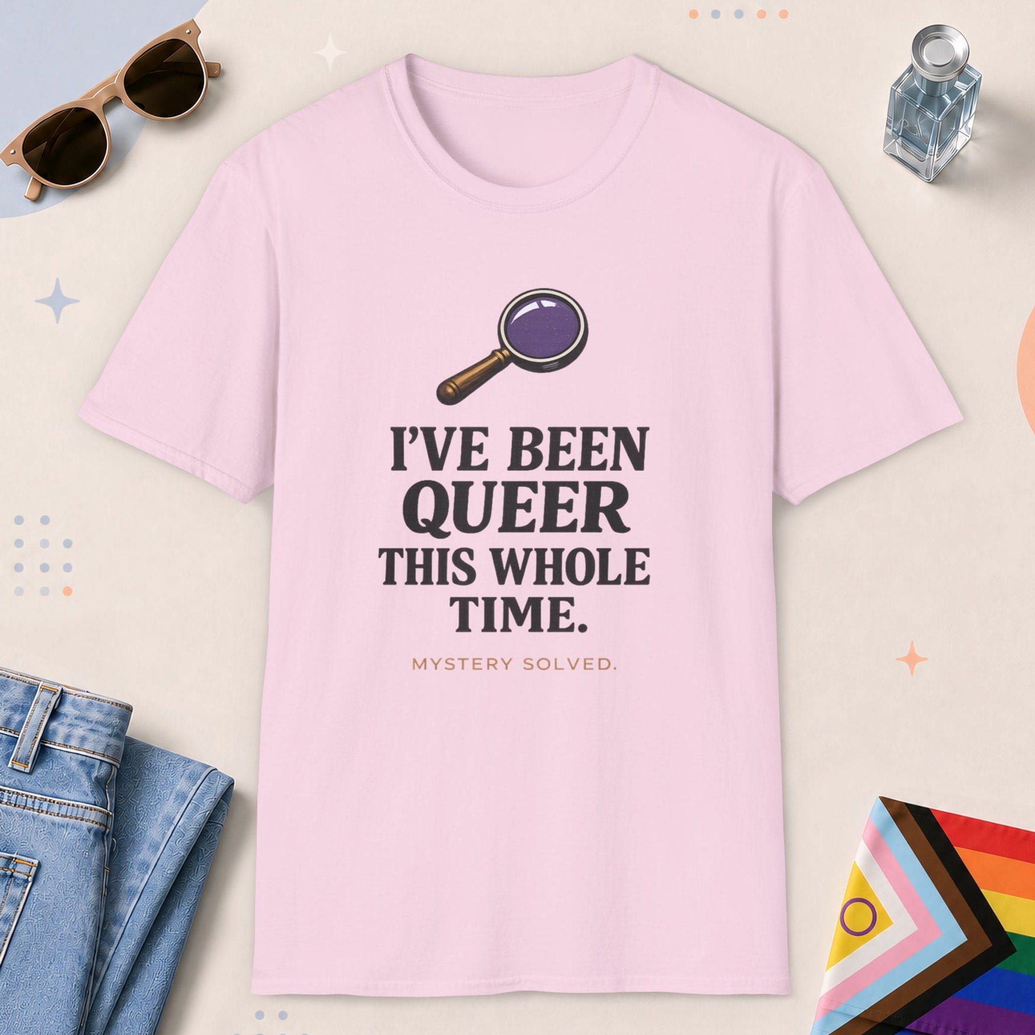 Light Pink color all-gender graphic t-shirt with "I've Been Queer" design