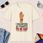 Natural color all-gender graphic t-shirt with "I Volunteer" design