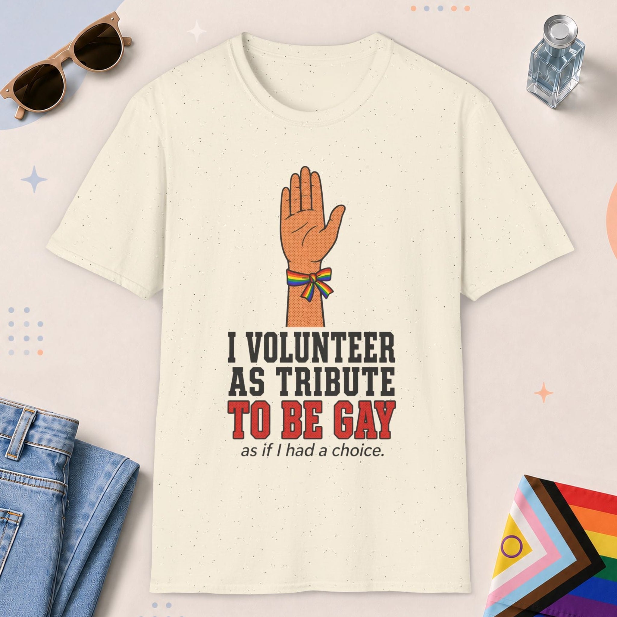 Natural color all-gender graphic t-shirt with "I Volunteer" design