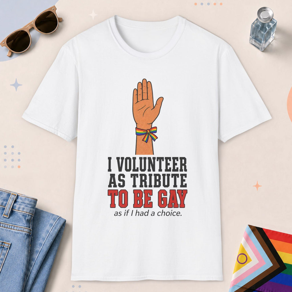 White color all-gender graphic t-shirt with "I Volunteer" design