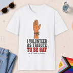 White color all-gender graphic t-shirt with "I Volunteer" design
