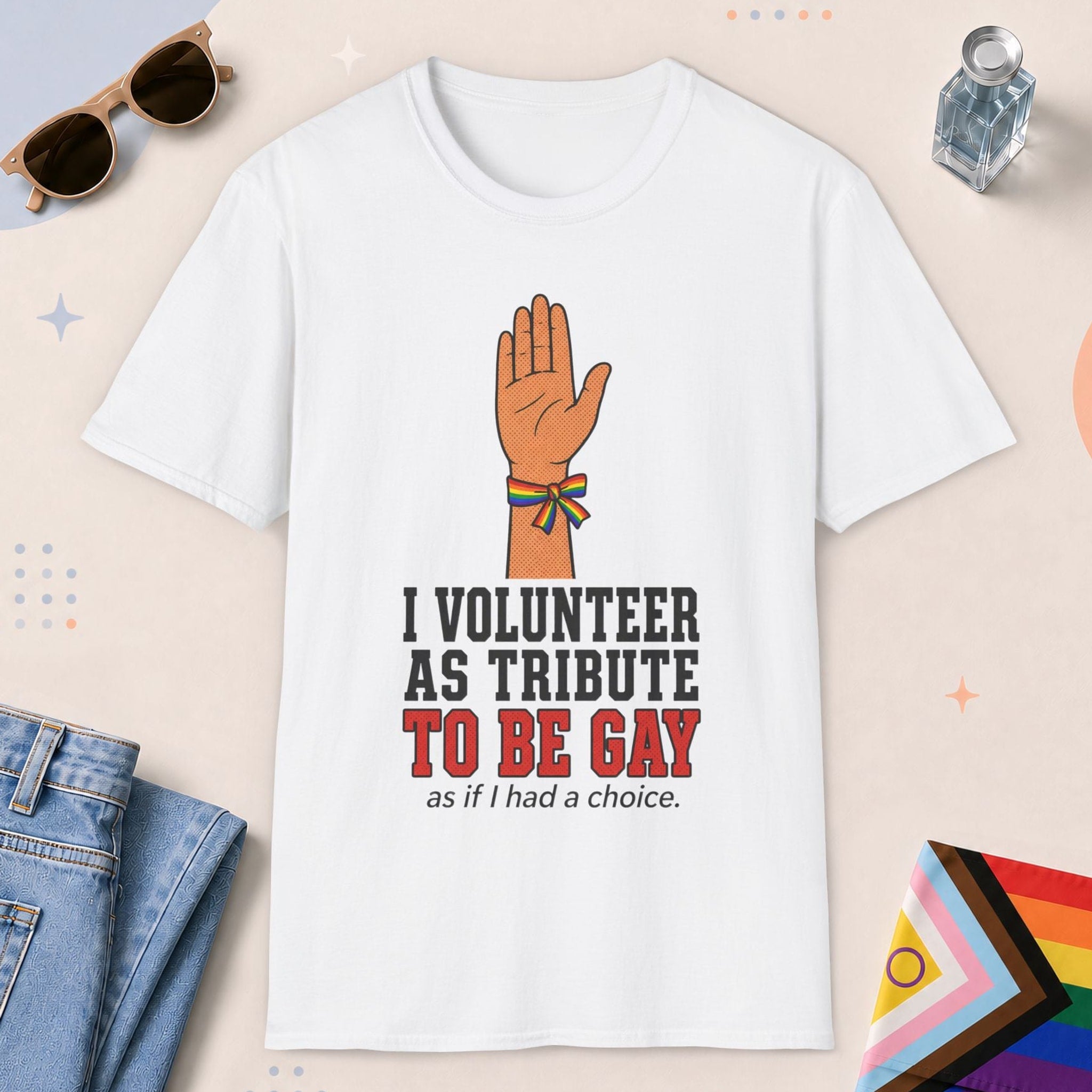 White color all-gender graphic t-shirt with "I Volunteer" design