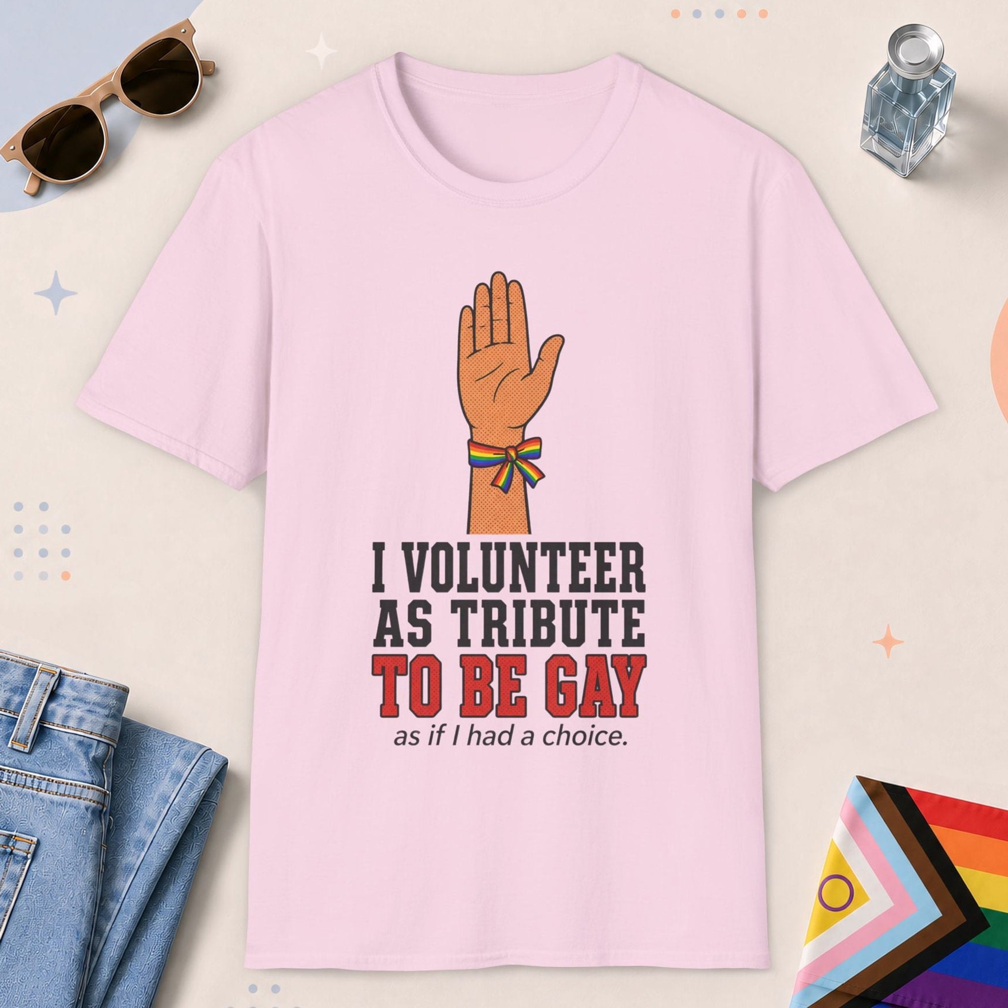 Light Pink color all-gender graphic t-shirt with "I Volunteer" design