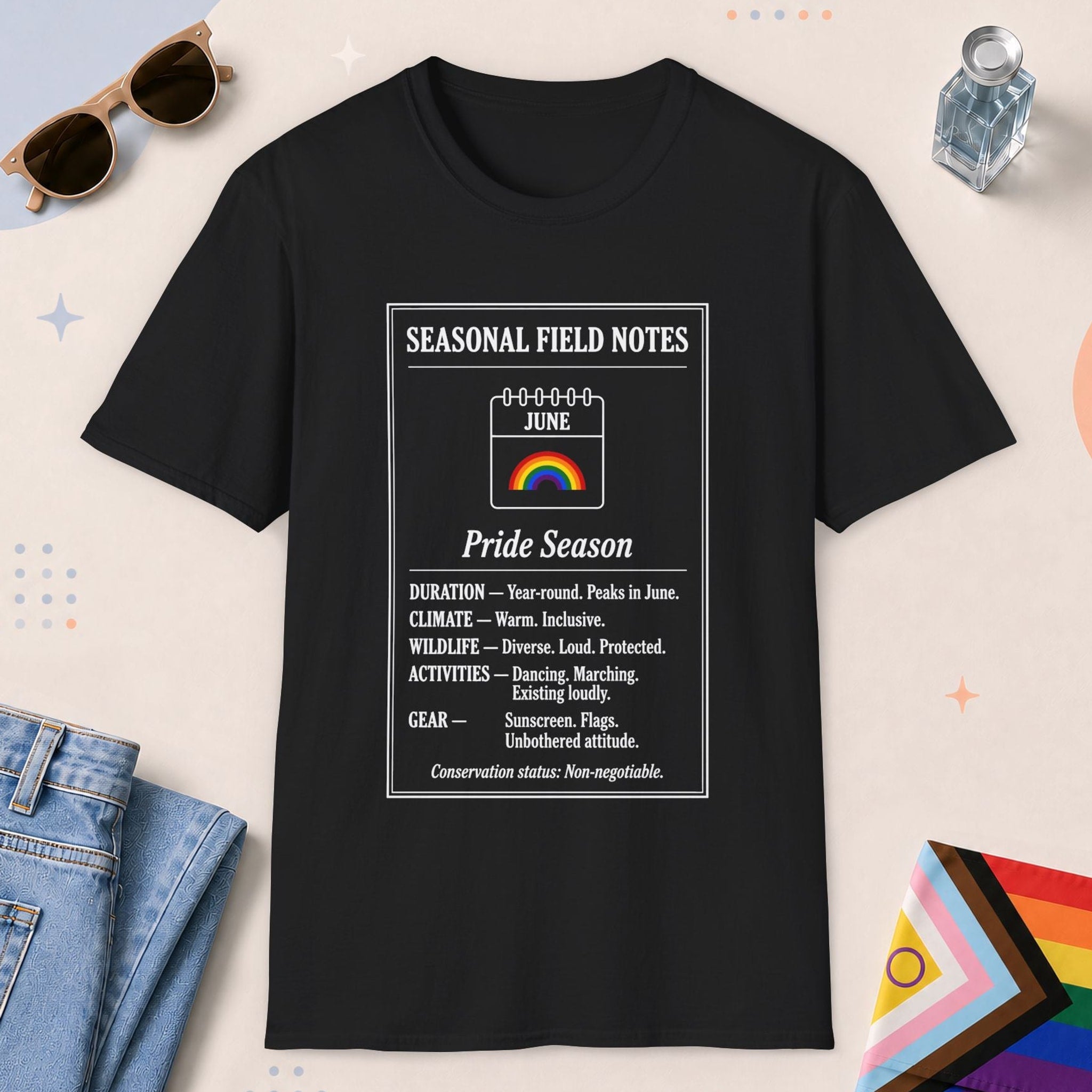 Black color all-gender graphic t-shirt with "June Field Notes" design