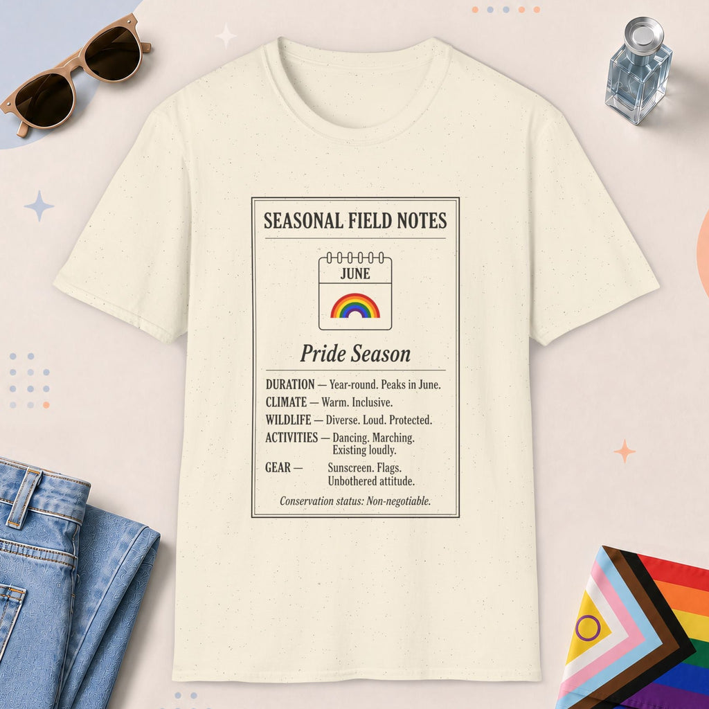 Natural color all-gender graphic t-shirt with "June Field Notes" design