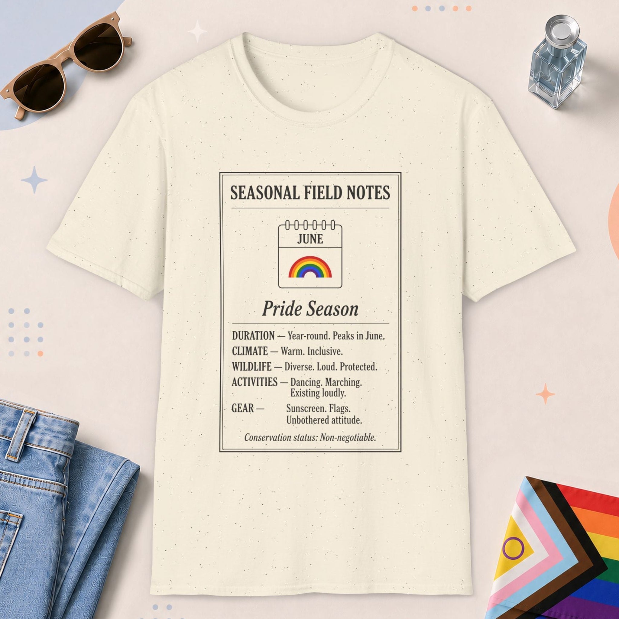 Natural color all-gender graphic t-shirt with "June Field Notes" design