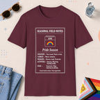 Maroon color all-gender graphic t-shirt with "June Field Notes" design