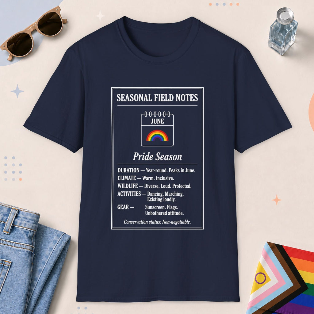 Navy color all-gender graphic t-shirt with "June Field Notes" design
