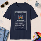 Navy color all-gender graphic t-shirt with "June Field Notes" design