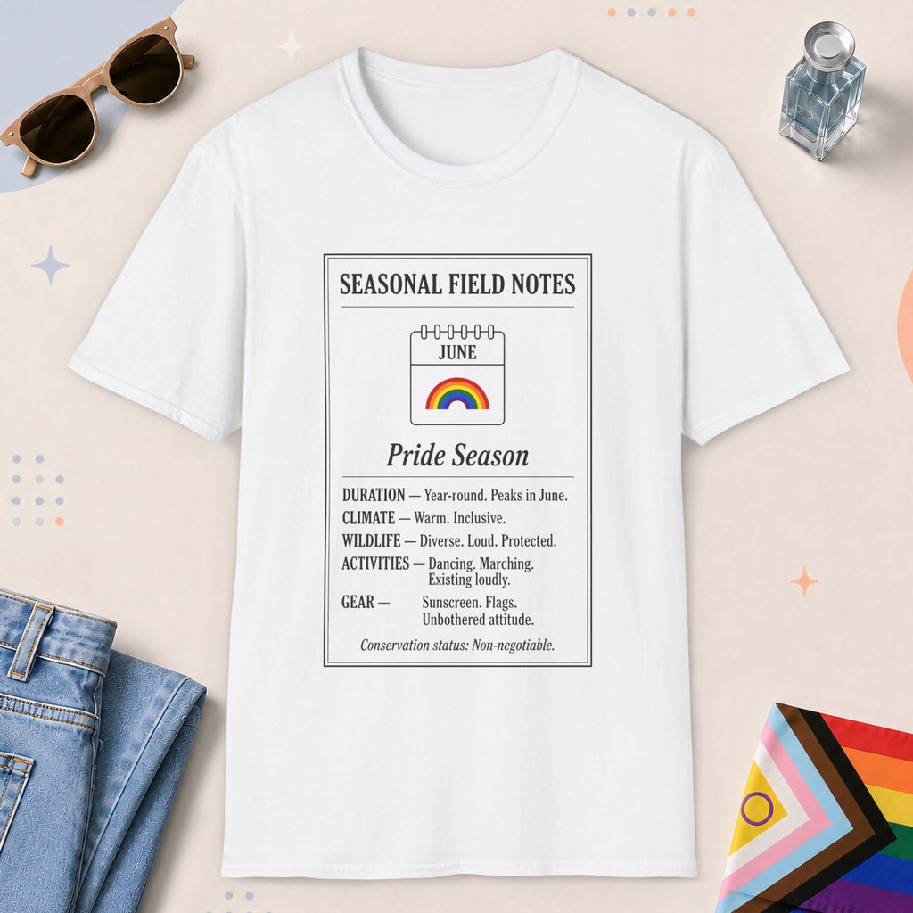 White color all-gender graphic t-shirt with "June Field Notes" design