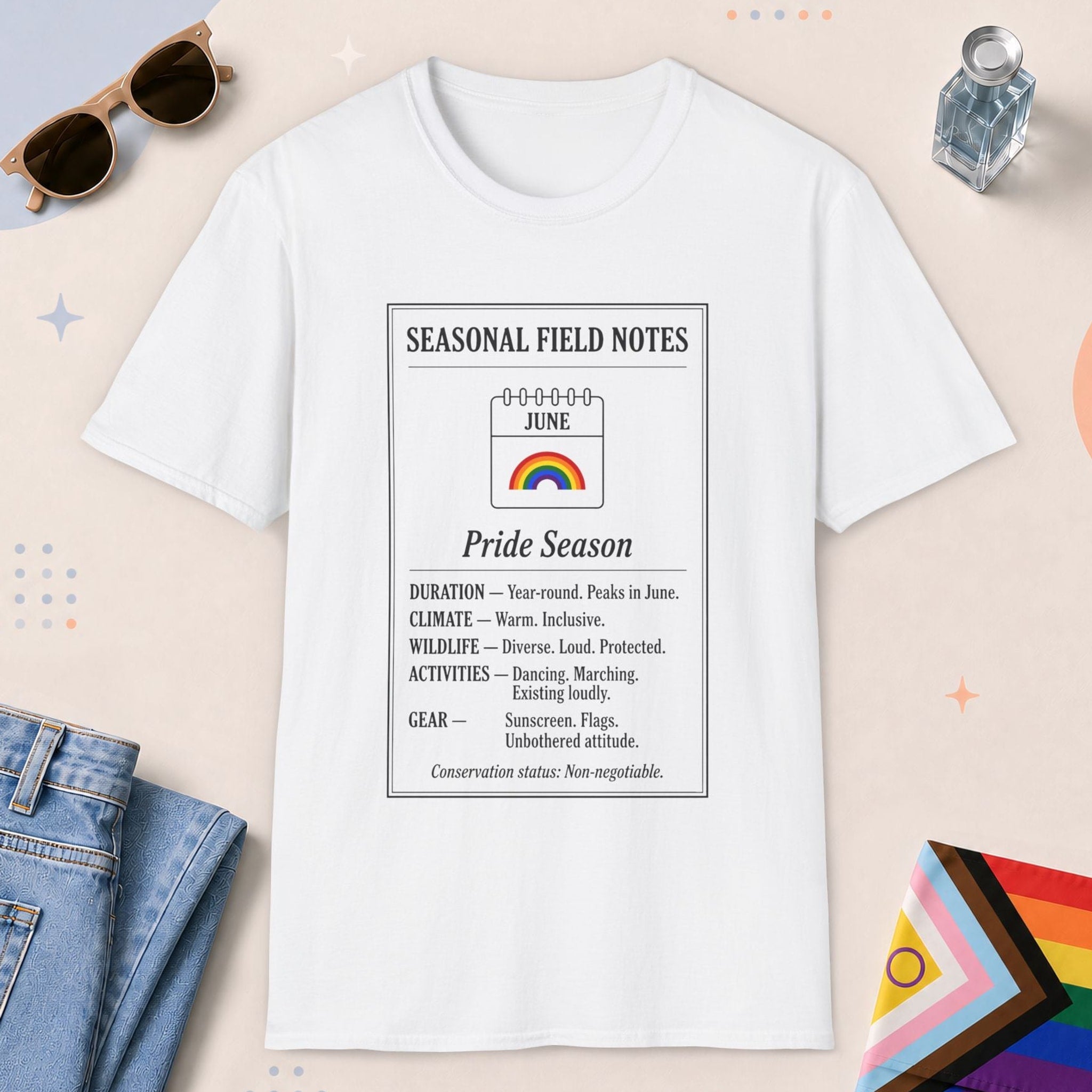White color all-gender graphic t-shirt with "June Field Notes" design