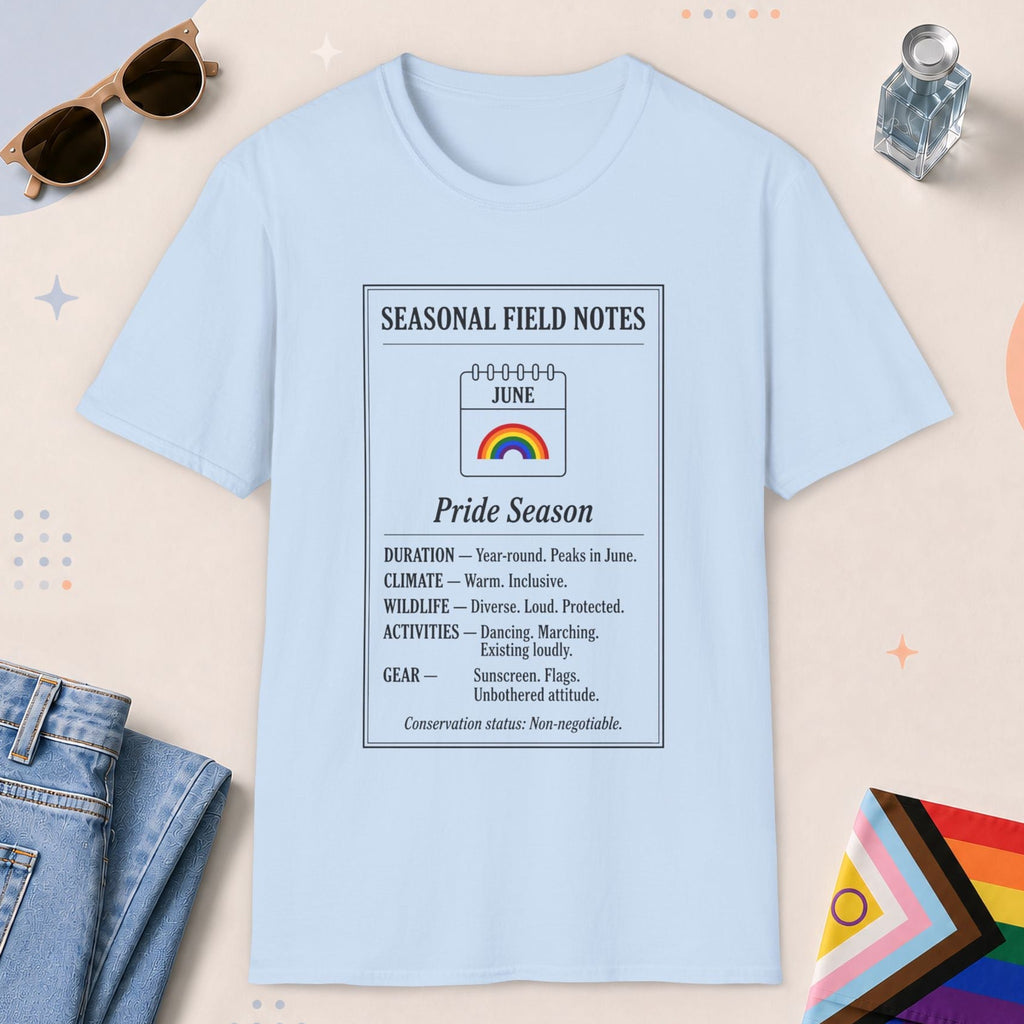 Light Blue color all-gender graphic t-shirt with "June Field Notes" design