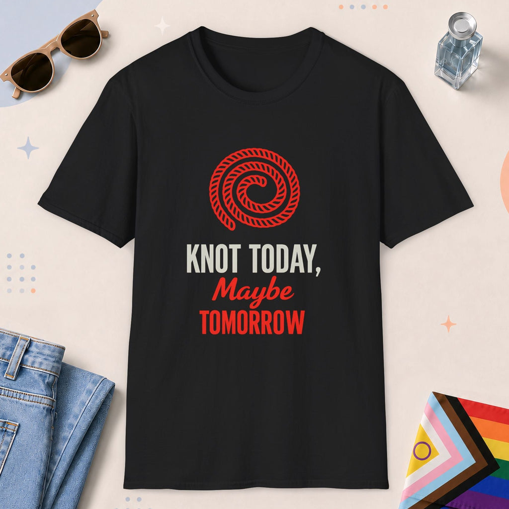Black color all-gender graphic t-shirt with "Knot Today" design