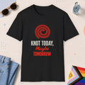 Black color all-gender graphic t-shirt with "Knot Today" design