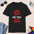 Black color all-gender graphic t-shirt with "Knot Today" design