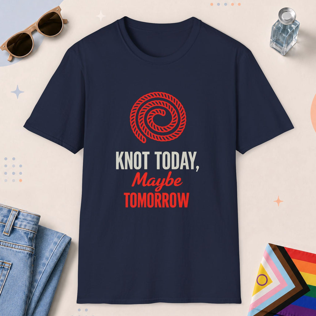 Navy color all-gender graphic t-shirt with "Knot Today" design