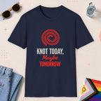 Navy color all-gender graphic t-shirt with "Knot Today" design