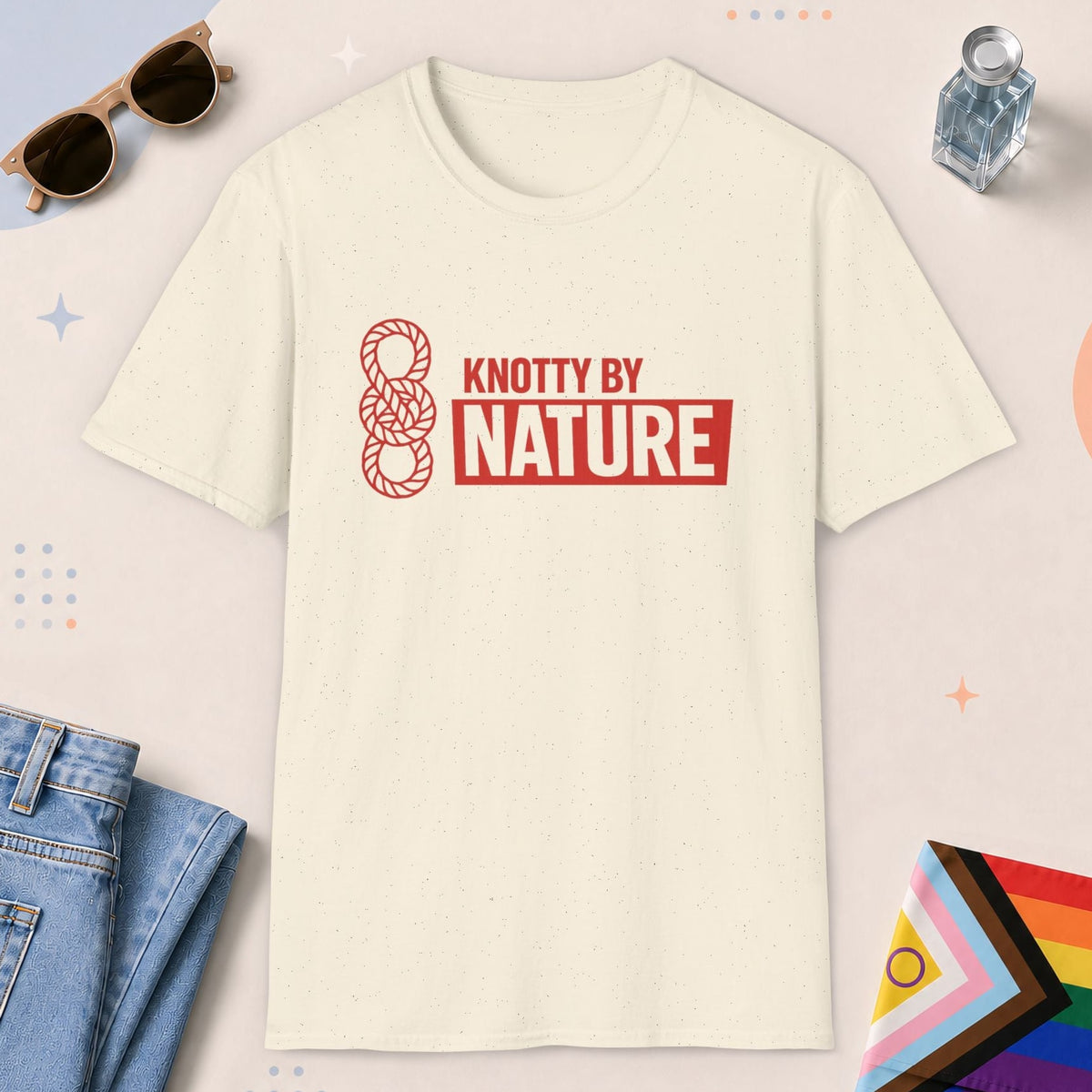 Natural color all-gender graphic t-shirt with "Knotty By Nature" design