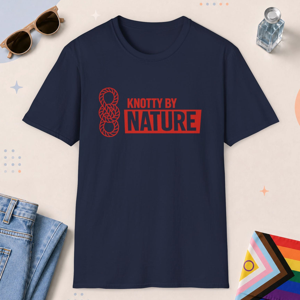 Navy color all-gender graphic t-shirt with "Knotty By Nature" design