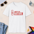 White color all-gender graphic t-shirt with "Knotty By Nature" design