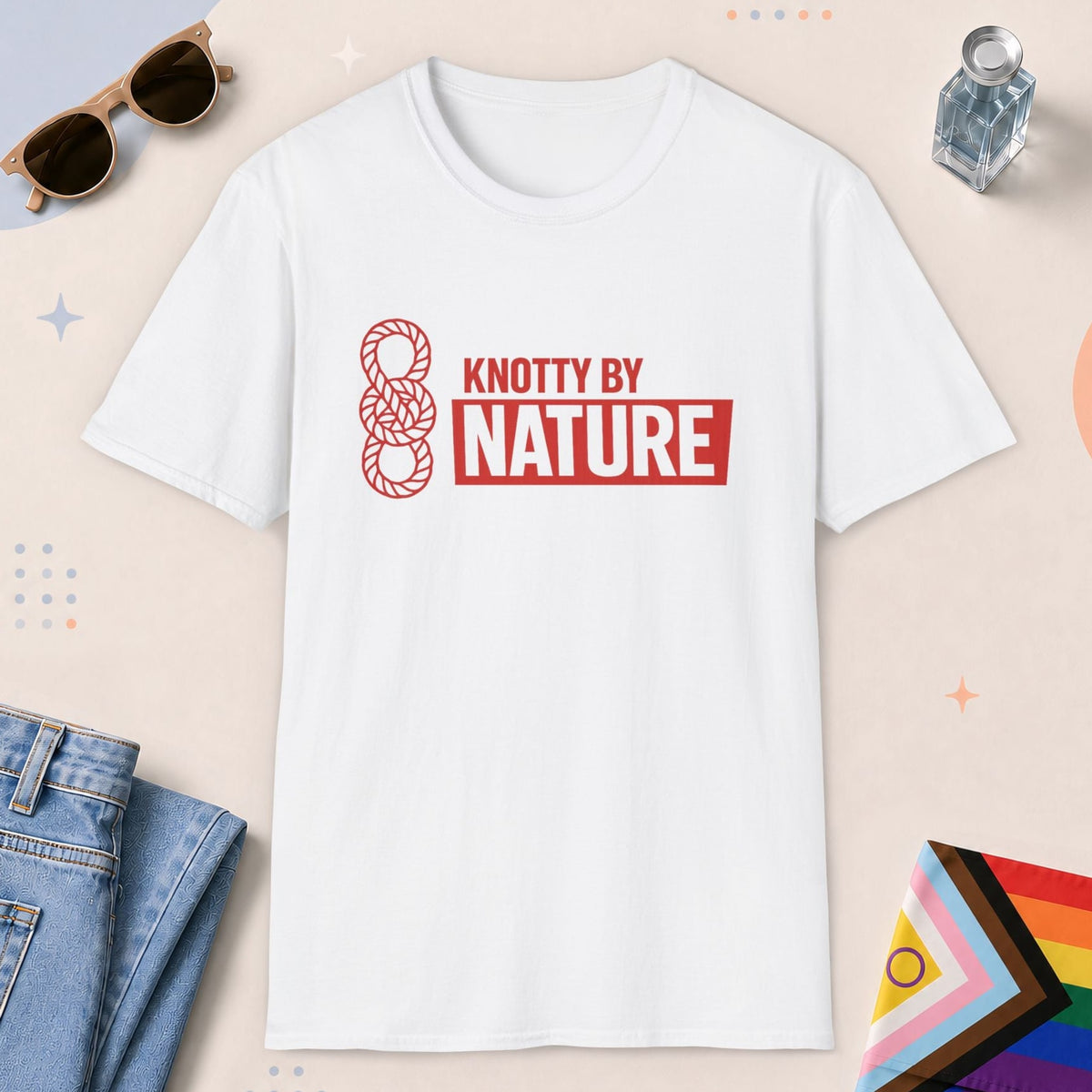 White color all-gender graphic t-shirt with "Knotty By Nature" design