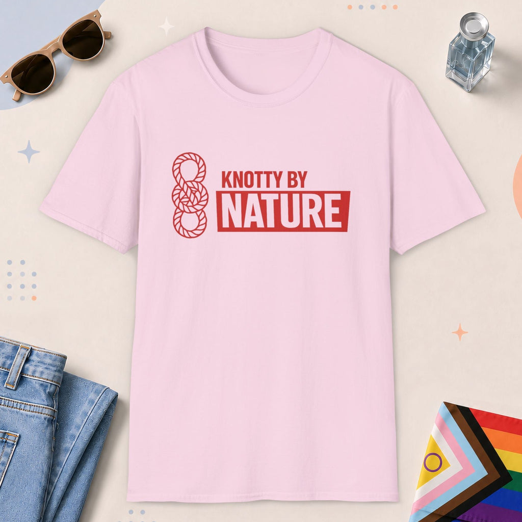 Light Pink color all-gender graphic t-shirt with "Knotty By Nature" design