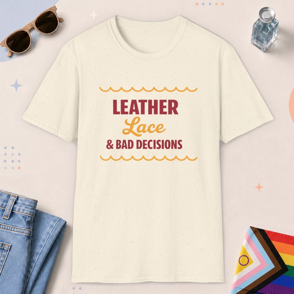 Natural color all-gender graphic t-shirt with "Leather Lace" design