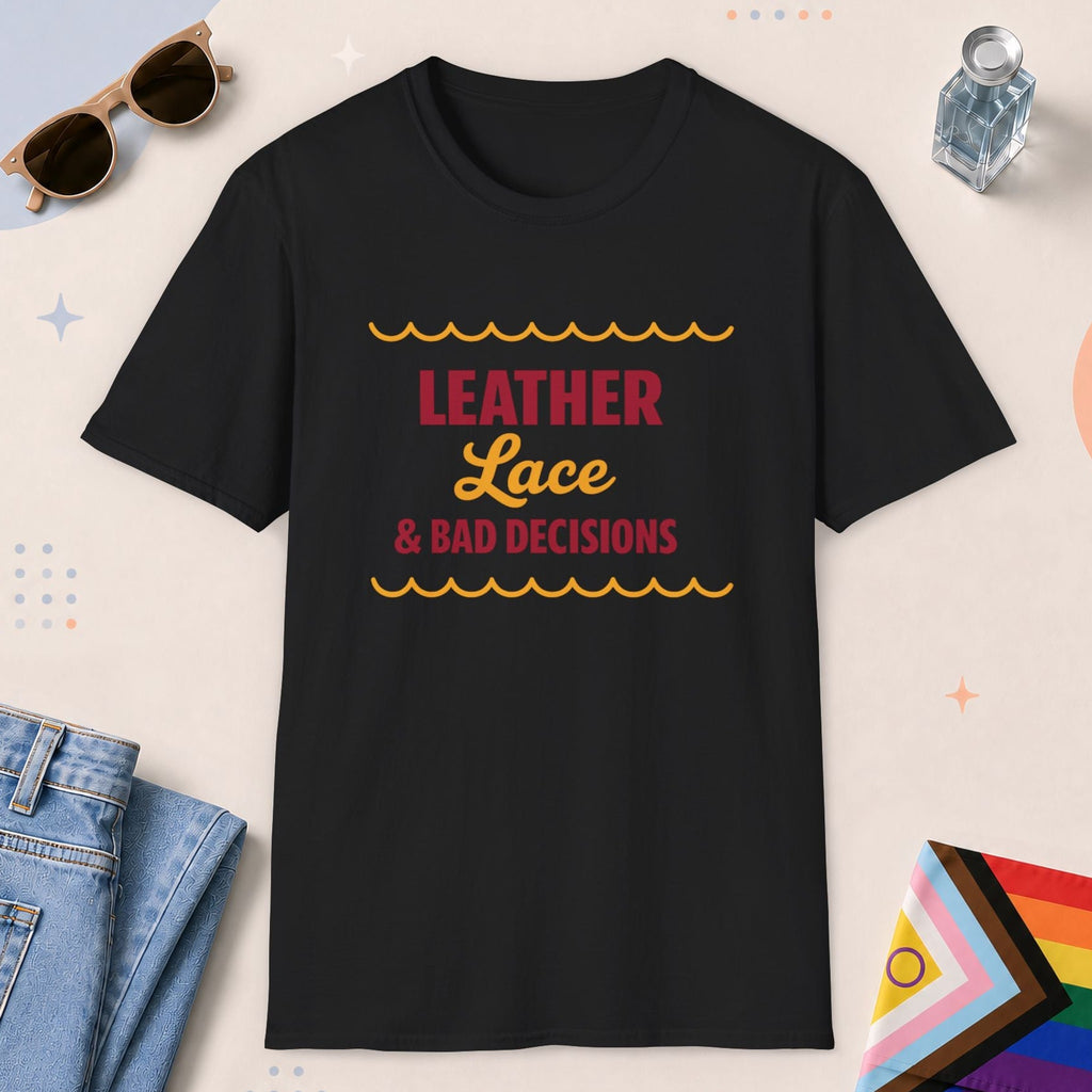 Black color all-gender graphic t-shirt with "Leather Lace" design
