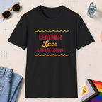 Black color all-gender graphic t-shirt with "Leather Lace" design