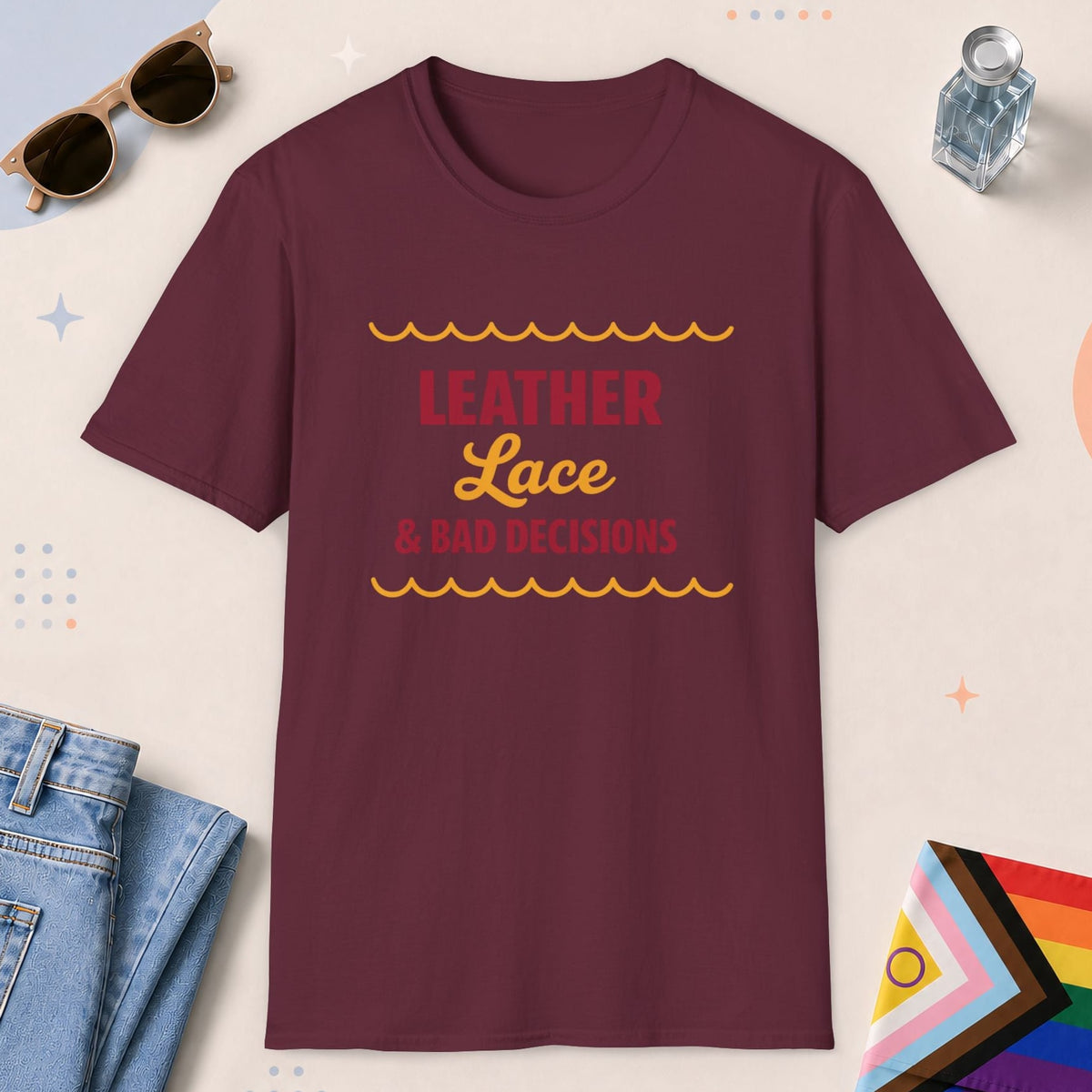 Maroon color all-gender graphic t-shirt with "Leather Lace" design