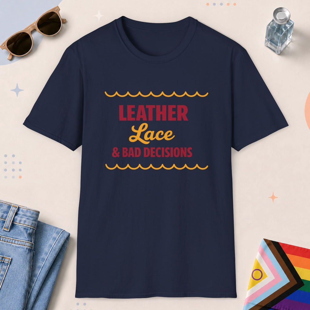 Navy color all-gender graphic t-shirt with "Leather Lace" design
