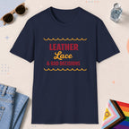 Navy color all-gender graphic t-shirt with "Leather Lace" design