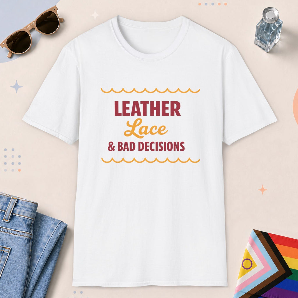White color all-gender graphic t-shirt with "Leather Lace" design